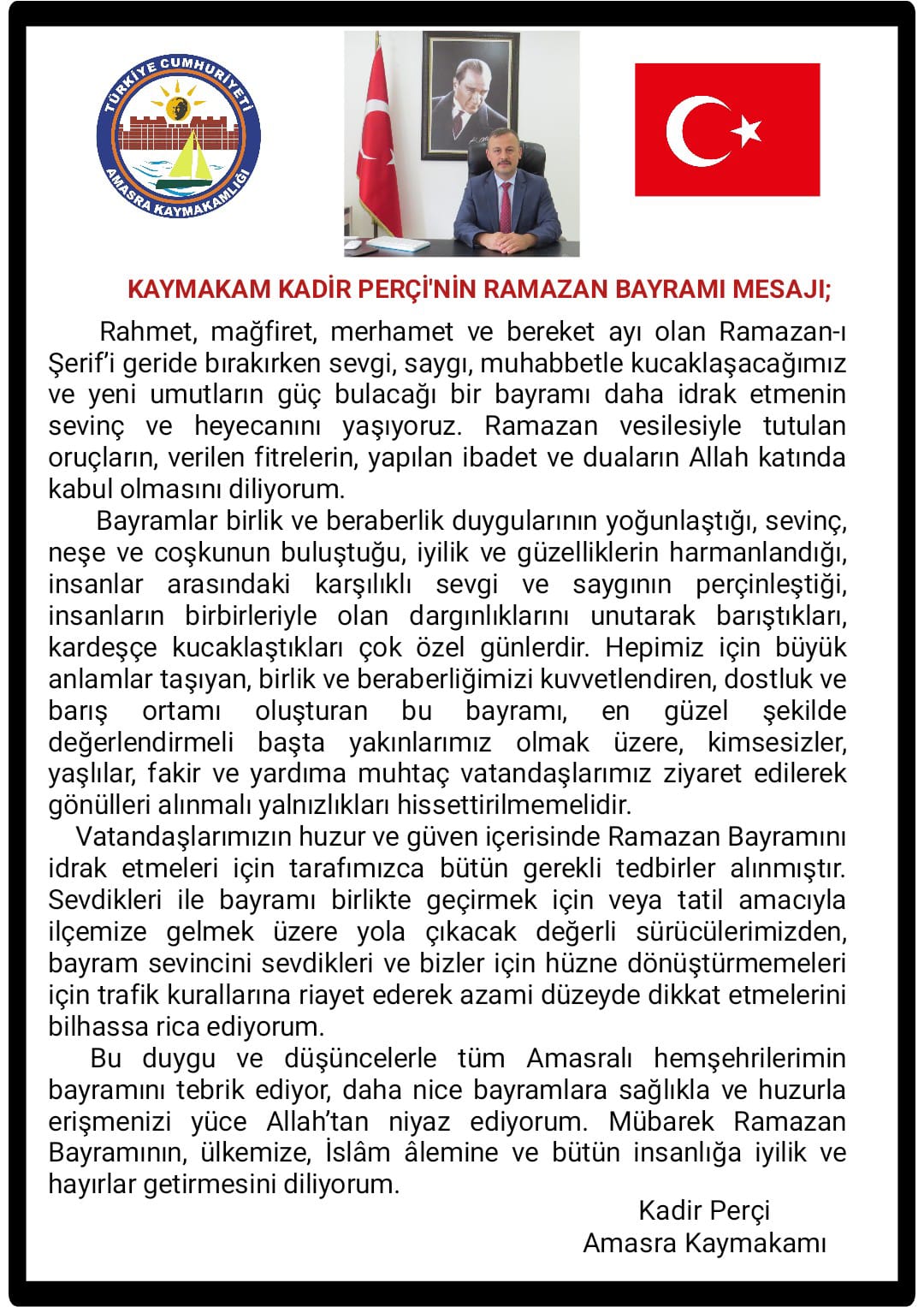 Kaymakam Kadir Perçi'nin Ramazan Bayramı Kutlama Mesajı